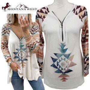 Montana West Aztec Southwest Print 1/2 Zip Waffle Knit Long Sleeve Top S-2X NWT